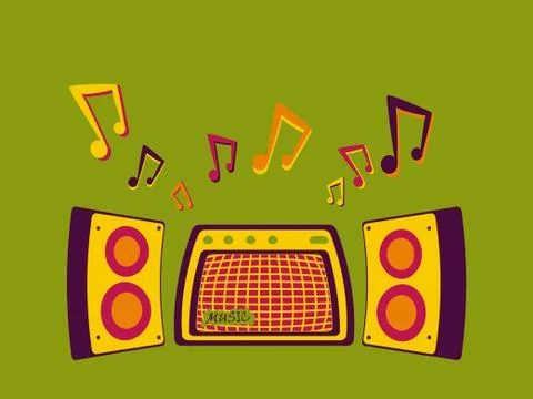 The concept of high-profile flat cartoon speakers from the loud music is play Stock Illustration