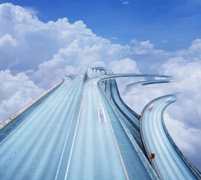 Concept of the highway intersection in clouds sky Stock Photos