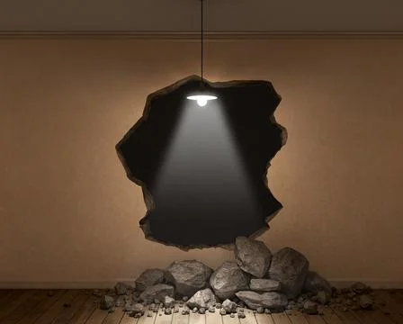 Concept of a hole in wall with dark background and lamp ahead, 3d illustratio Illustrazione stock