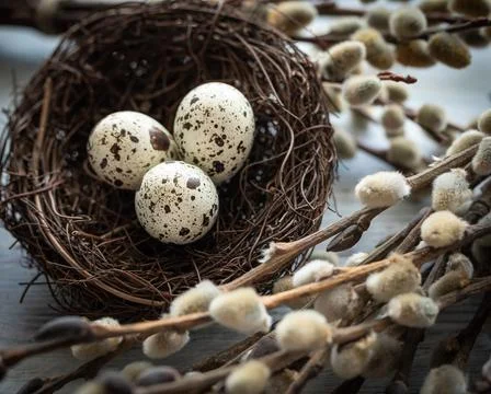 The concept of the holiday of spring and Easter, quail eggs in the nest. Stock Photos