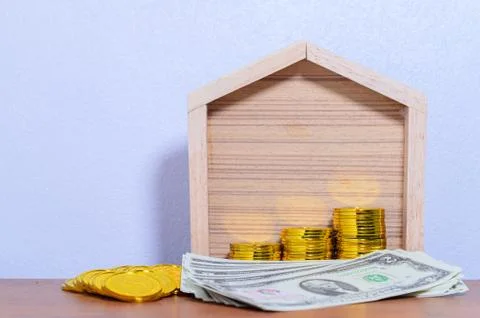 The concept home of money stack step saving money white ground scene Stock Photos