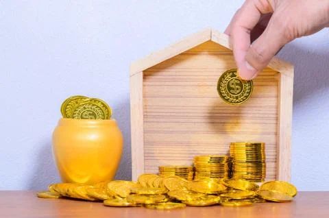 The concept home of money stack step saving money white ground scene Stock Photos