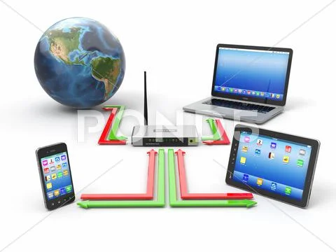 Concept of home network. sync devices. 3d Stock Illustration