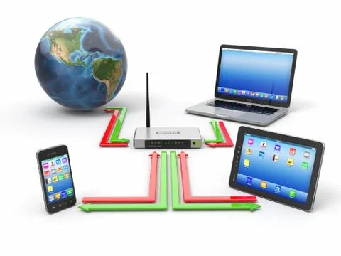 Concept of home network. sync devices. 3d Ilustración de archivo