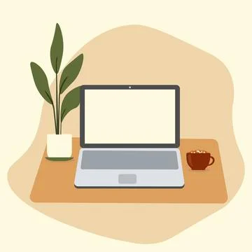 Concept of homework, workspace. Laptop, notebook on a table with plant, cup o Stock Illustration