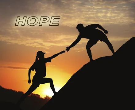 Concept of hope. Man helping woman to climb on hill at sunset Stock Photos