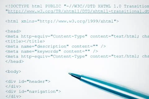 Concept html web design print and pen. blue toned Ilustración de archivo