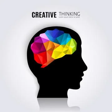 Concept of the human brain inside black head profile. Polygon style. Stock Illustration