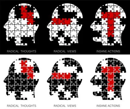 Concept. Human head made of puzzle pieces. Radical views, radical thoughts Stock Illustration