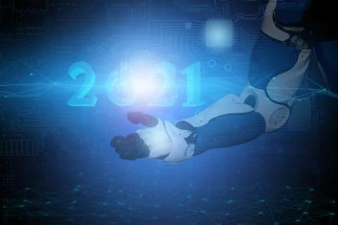 Concept of human interaction with future technologies and robotics. Accompany Stock Photos