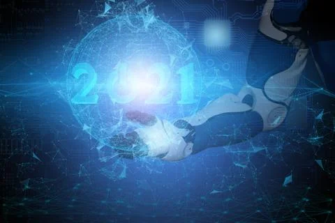 Concept of human interaction with future technologies and robotics. Accompany Stock Photos