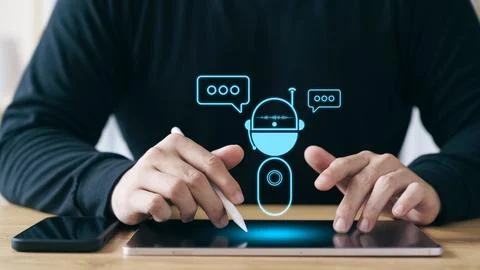 Concept Humans work with artificial intelligence, humans use intelligent AI.. Stock Photos