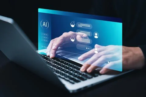 Concept Humans work with artificial intelligence, humans use intelligent AI.. Stock Photos