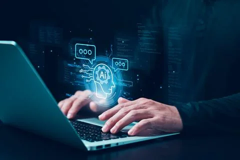 Concept Humans work with artificial intelligence, humans use intelligent AI.. Stock Photos