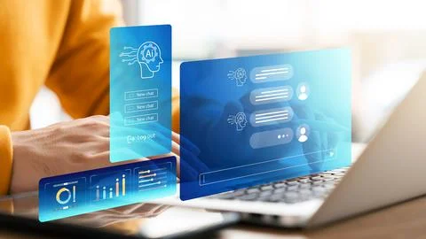 Concept Humans work with artificial intelligence, humans use intelligent AI.. Stock Photos