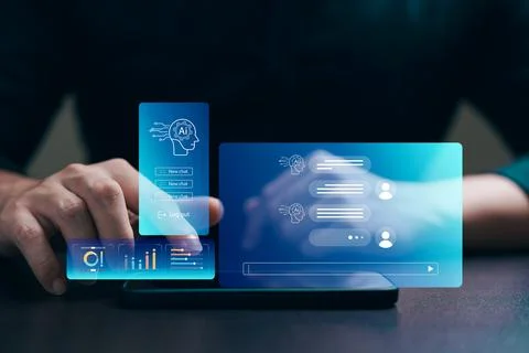 Concept Humans work with artificial intelligence, humans use intelligent AI.. Foto stock