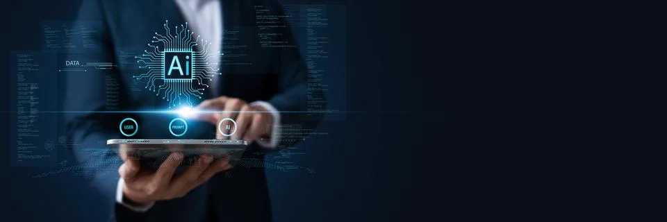 Concept Humans work with artificial intelligence, humans use intelligent AI.. Stock Photos