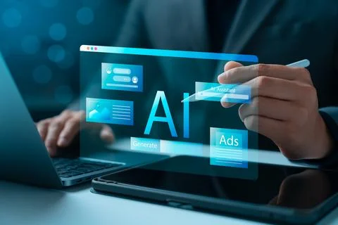 Concept Humans work with artificial intelligence, humans use intelligent AI.. Foto stock