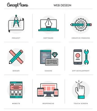 Concept icons, web design, flat thin line design Stock Illustration