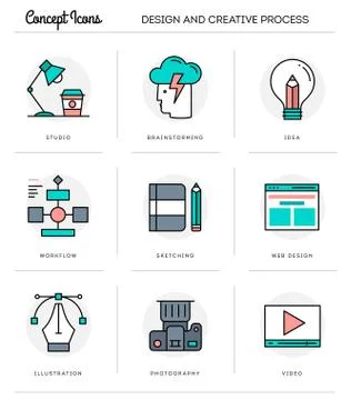 Concept icons,design and creative process, flat thin line design Stock Illustration
