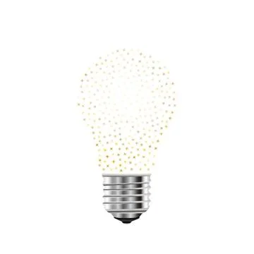 Concept on the idea. Light bulb with many small stars and light effect. Illustrazione stock