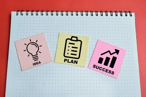 Concept of idea plan and success write on sticky notes isolated on table. F.. Stock Photos