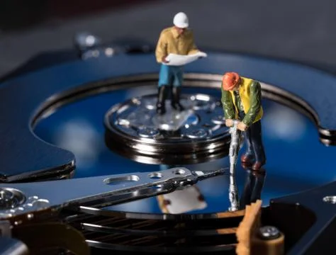 Concept illustration of artificial intelligence or data mining using hard drive Stock Photos