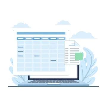 Concept illustration of inputting data into a spreadsheet on laptop 스톡 일러스트
