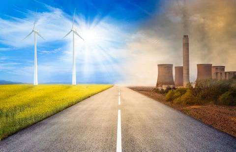 Concept image about pollution from power plants and renewable energy Stock Photos