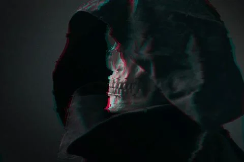 Concept image grim Reaper. Close up view skull in black hood, on dark background Stock Photos