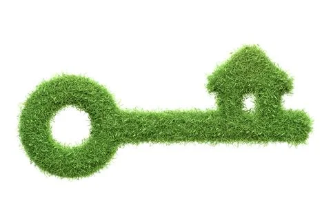 A concept image of a key made from green grass with a house-shaped top Illustrazione stock