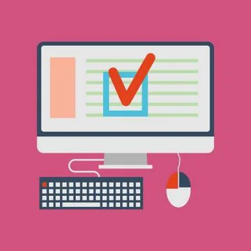 Concept image with monoblock pc, keyboard, mouse. Red chech sign at monitor Stock Illustration