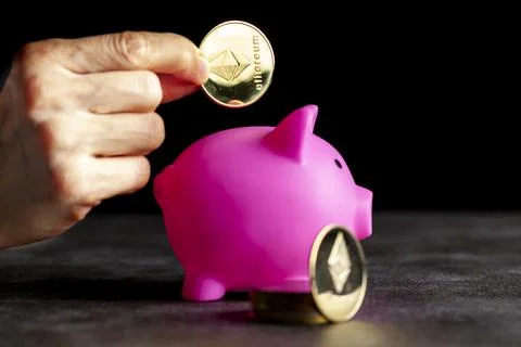 Concept image for using digital crypto currency for savings. A caucasian woma Stock Photos
