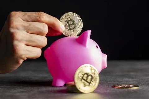Concept image for using digital crypto currency for savings. A caucasian woma Stock Photos