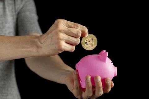 Concept image for using digital crypto currency for savings. A caucasian woma Stock Photos