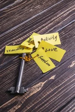 Concept image using a key and a tag with the words Stock Photos