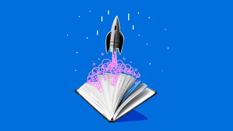 Concept of imagination and creativity. Halftone rocket launches from book Stock Footage 328909207