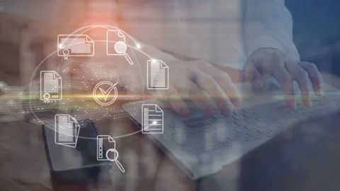 Concept of improving digital business document flow. Symbolic icons rotate Stock Footage 306871943
