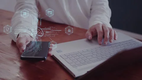 Concept of improving the protection of digital databases. Symbolic icons appear Stock Footage 306871623