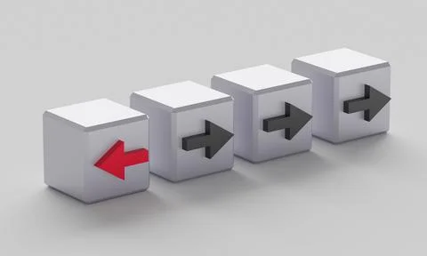 Concept of individuality. Cubes with arrows. One cube with a red arrow, the o Stock Illustration