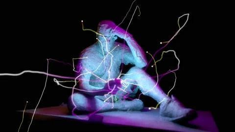 The concept of the influence of the Internet on a human being, a stone statue Stock Footage 201149785