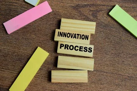 Concept of innovation process write on sticky notes isolated on Wooden Table. Stockfoto's