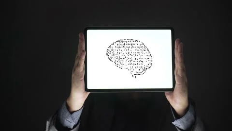 Concept of intelligence. business person show a virtual brain on a tablet. Stock Footage 168337697