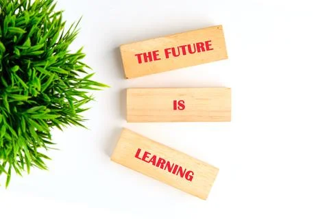 Concept of Intelligence, science and mind. THE FUTURE IS LEARNING made of wooden Stock Photos