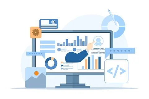 Concept of interface elements and browser window on laptop screen, web design. 库存插图