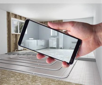 Concept of interior design interior bathroom on the phone screen 3d render im Stock Illustration