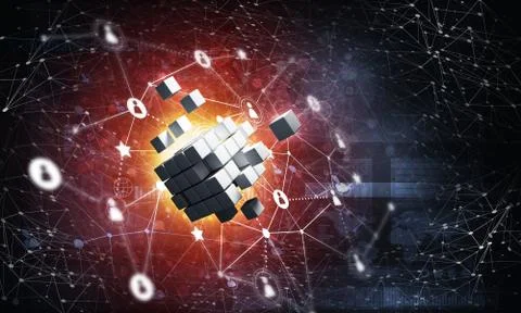 Concept of Internet and networking with digital cube figure on dark background Stock Illustration