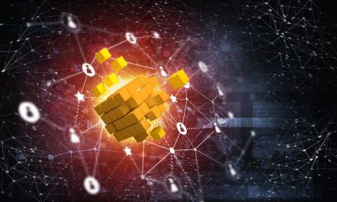 Concept of Internet and networking with digital cube figure on dark background Stock Illustration