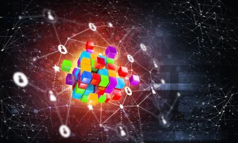 Concept of Internet and networking with digital cube figure on dark background Stock Illustration