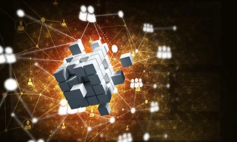 Concept of Internet and networking with digital cube figure on dark background Stock Illustration